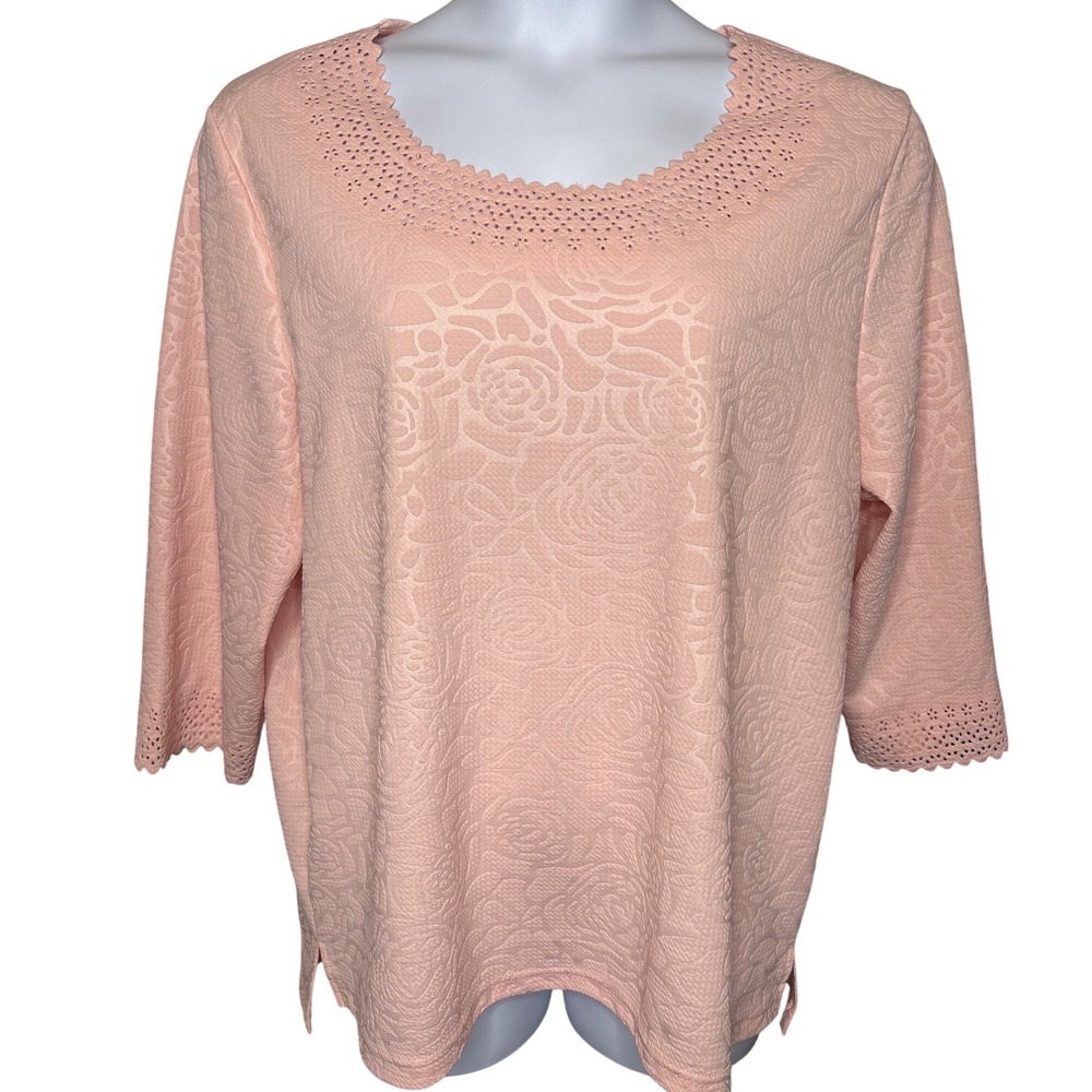 Hasting‎ & Smith Womens Pink Floral Jacquard Eyelet Top Sz 2X Coquette Feminine